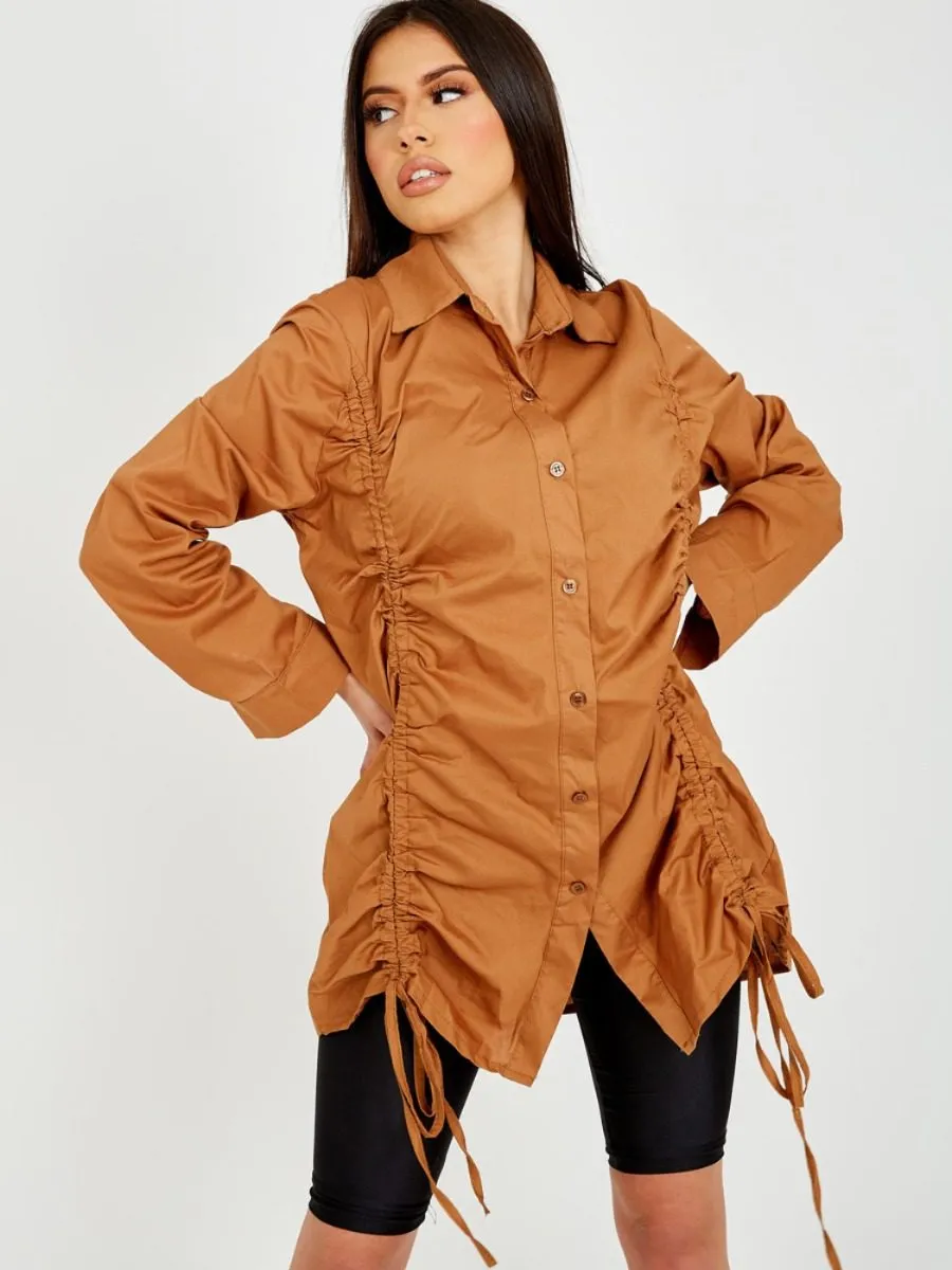Rachelle Drawstring Ruched Buttoned Shirt Dress In Camel sold by Vivichi product image thumbnail 4
