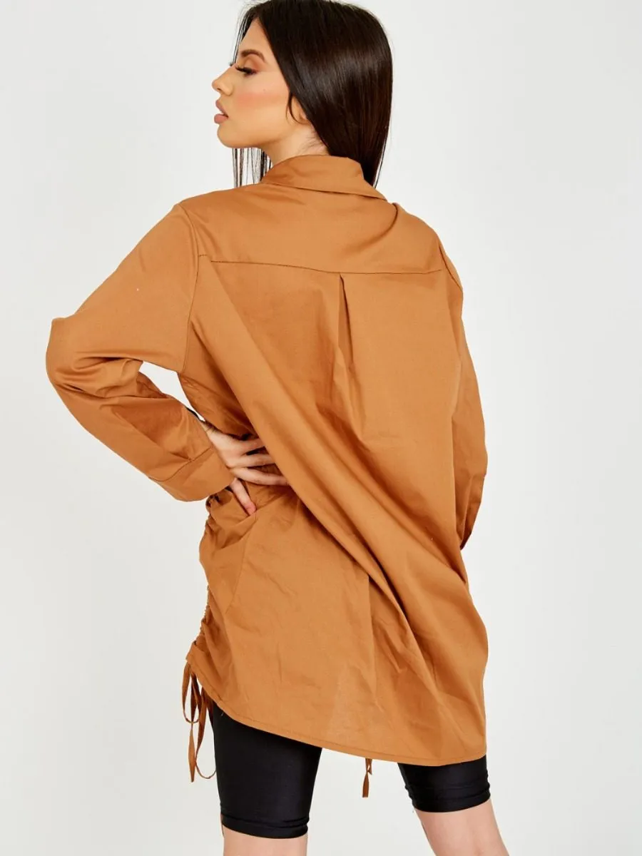 Rachelle Drawstring Ruched Buttoned Shirt Dress In Camel sold by Vivichi product image thumbnail 2