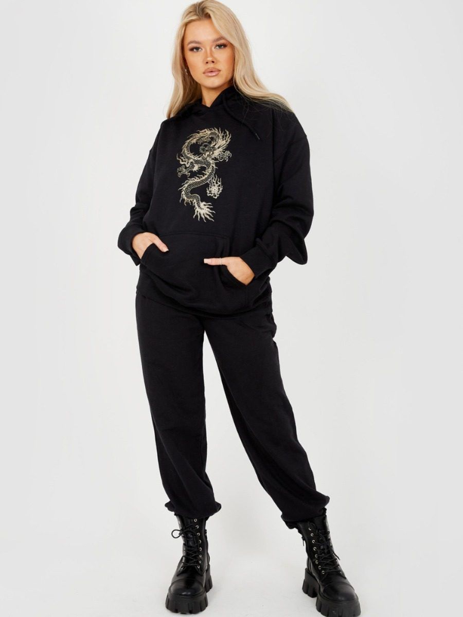 Saema Glittered Dragon Fleeced Hoodie In Black sold by Vivichi