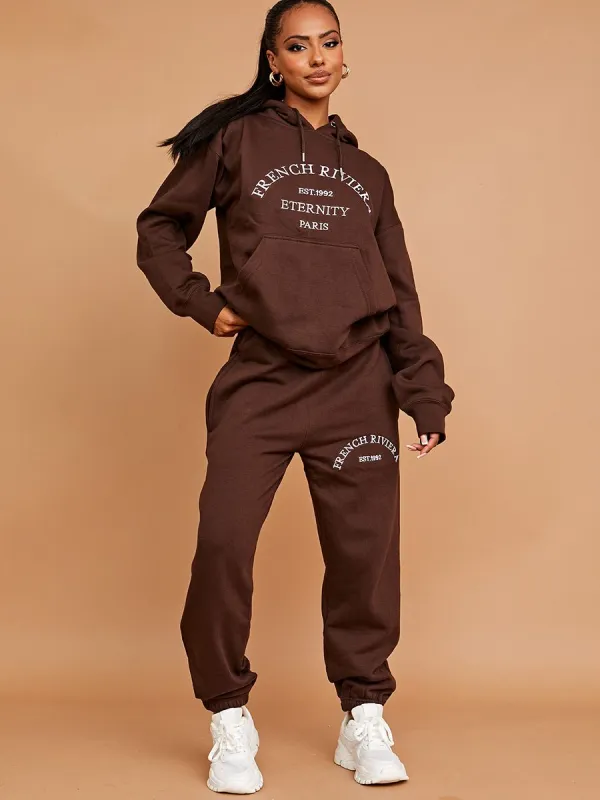 Cally Embroidered French Riviera Hooded Fleece Co-ord In Chocolate made by Vivichi