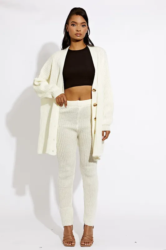 Alex Ribbed Knit Buttoned Cardigan & Legging Co-ord In Cream sold by Vivichi