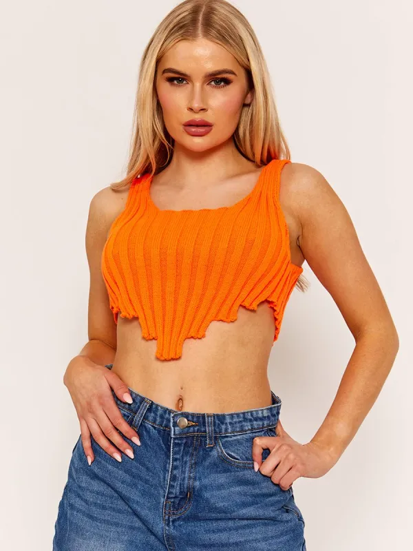Cate Asymmetric Hem Knitted Vest Crop Top In Orange sold by Vivichi
