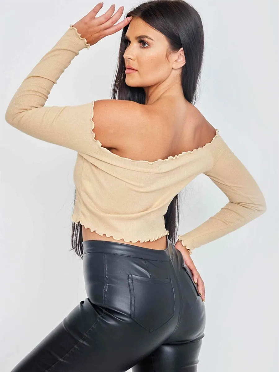 Janet Frill Detail Ribbed Bardot Crop Top In Stone sold by Vivichi product image thumbnail 3
