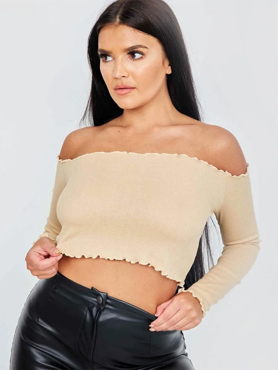 Janet Frill Detail Ribbed Bardot Crop Top In Stone sold by Vivichi