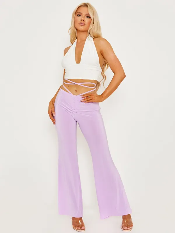 Micia Slinky Ruched Tie Waist Wide Leg Trousers In Lilac sold by Vivichi