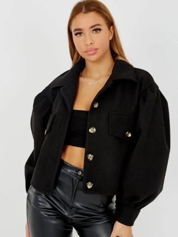 Amber Balloon Sleeve Thick Cropped Jacket In Black sold by Vivichi