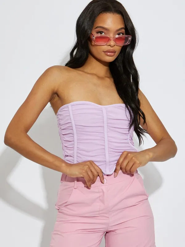 Layla Ruched Mesh Bandeau Corset Crop Top In Lilac sold by Vivichi
