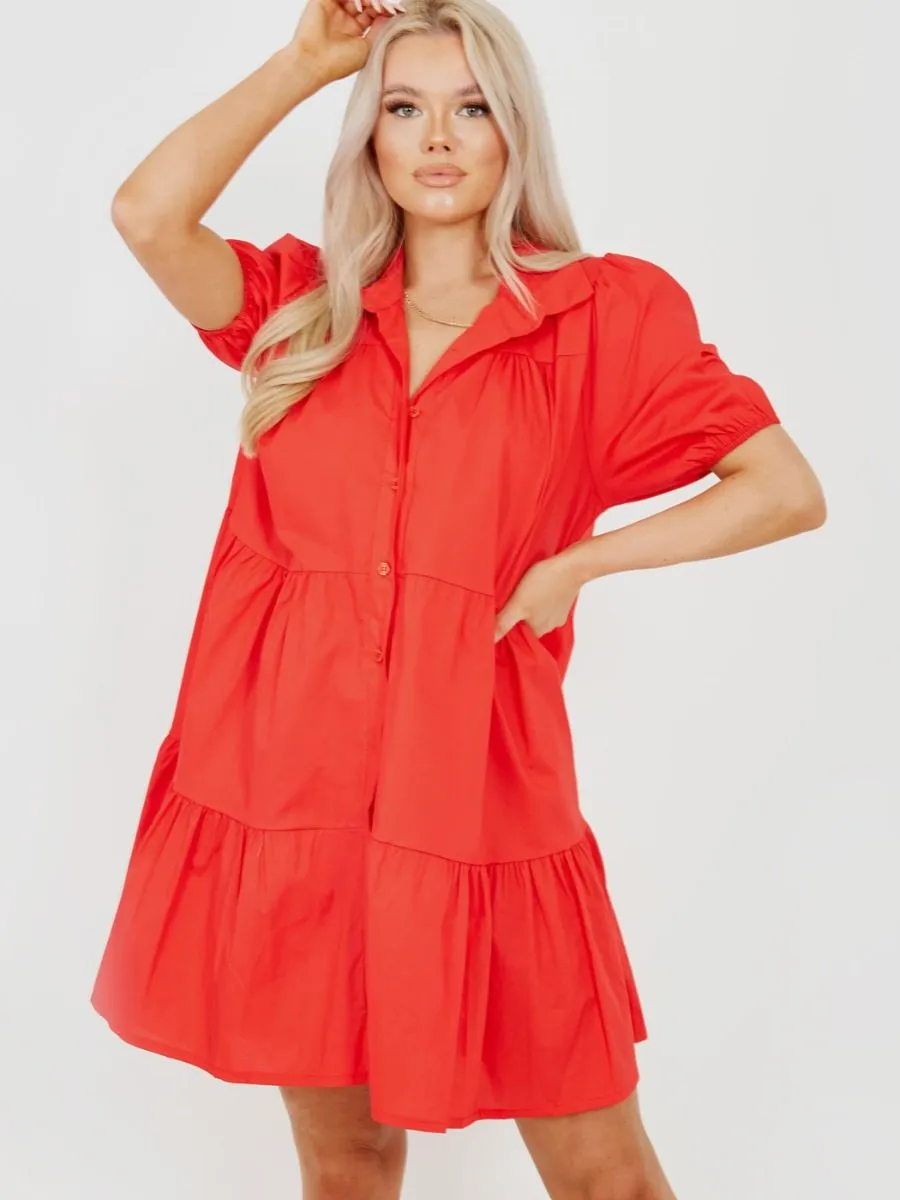 Mia Button-Front Tiered Smock Dress In Red sold by Vivichi product image thumbnail 2