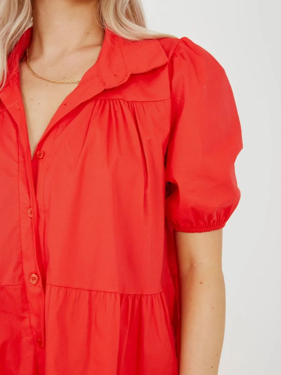 Mia Button-Front Tiered Smock Dress In Red sold by Vivichi product image thumbnail 3