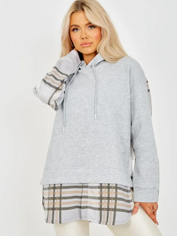 Hilary Check Detail Fleece Hoodie In Grey sold by Vivichi