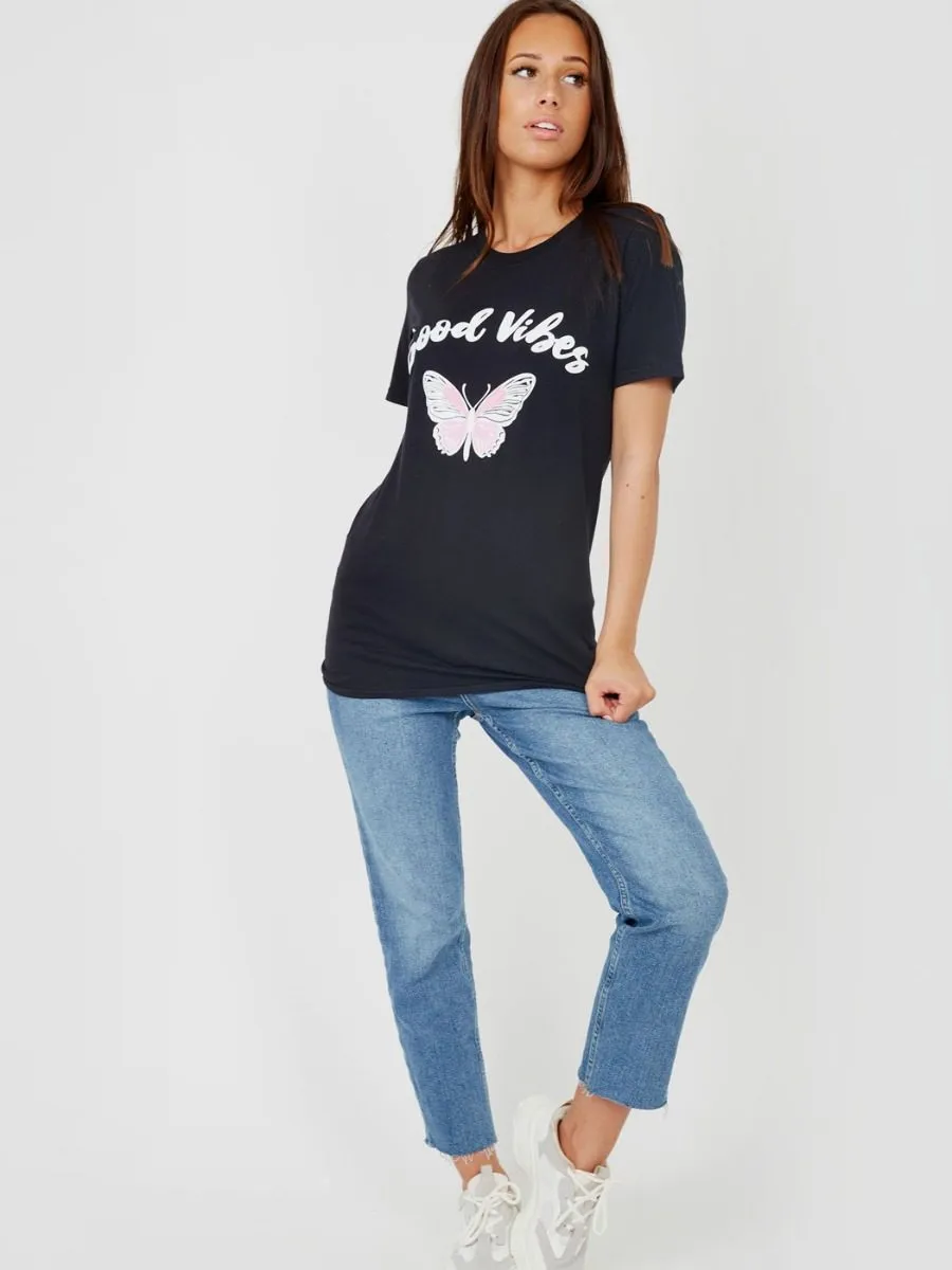 Carrie Good Vibes Butterfly Graphic Printed T-Shirt In Black sold by Vivichi product image thumbnail 2