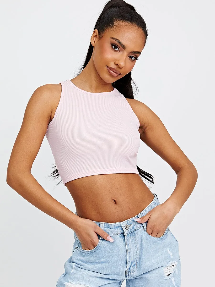 Jess Plain Ribbed Vest Crop Top In Pink sold by Vivichi