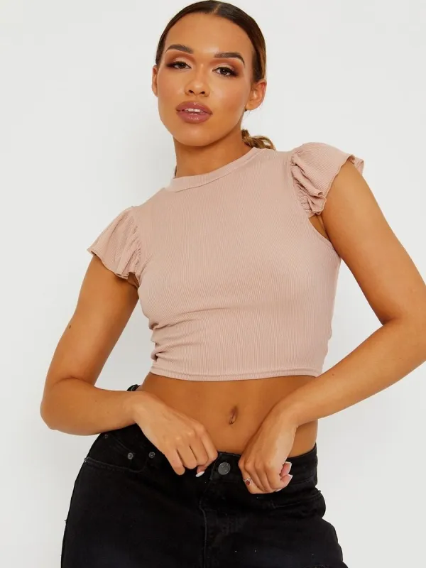 Elin Ribbed Ruffle Trimmed Top In Mocha sold by Vivichi