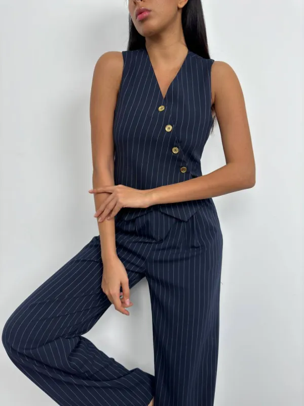 **PRE-ORDER** Pamela V-Neck Striped Double Breasted Vest In Blue sold by Vivichi