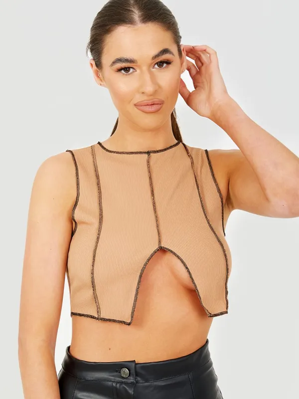Tesa Contrast Stitch Detail Ribbed Crop Top In Camel sold by Vivichi