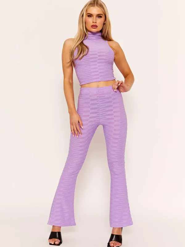 Joane Pleated Jersey Crop Top & Flared Trouser Co-ord In Lilac sold by Vivichi
