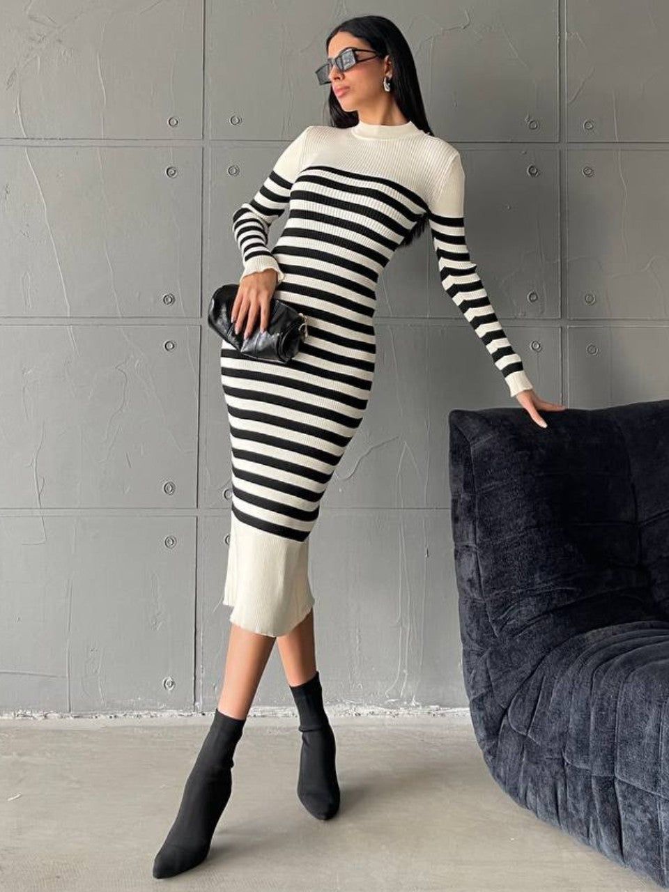 **PRE-ORDER** Shay Striped Knitted Midi Dress In Cream sold by Vivichi