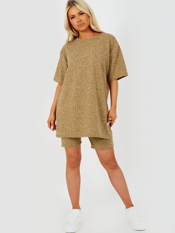 Melange Knit Oversized T-Shirt & Shorts Co-ord In Beige sold by Vivichi