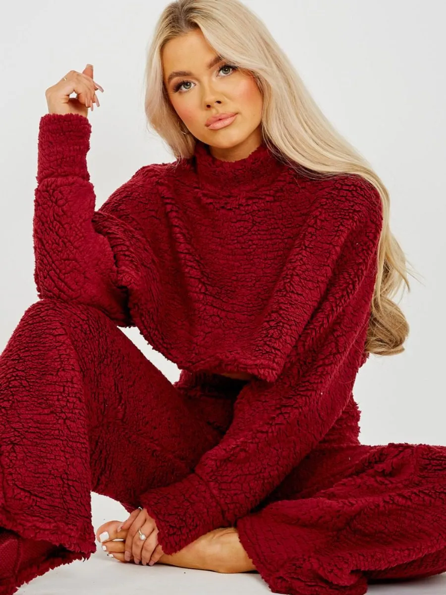 Elsie Teddy Crop Top & Trouser Co-ord In Wine sold by Vivichi