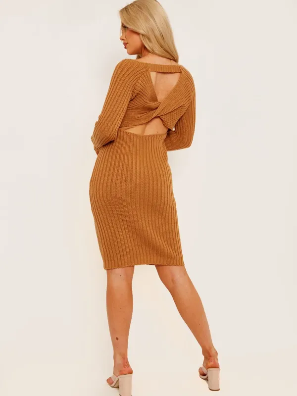 Aileen Cut Out Twist Back Knitted Midi Dress In Camel sold by Vivichi
