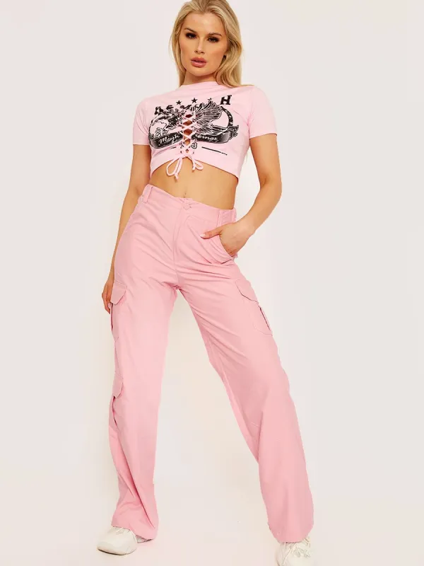 Loren Wide Leg Cargo Trousers In Pink sold by Vivichi