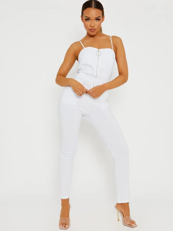 Keyra Zip Front Belted Cami Jumpsuit In White sold by Vivichi