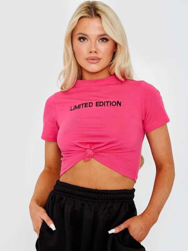 Annie Limited Edition Embroidered Knot Front Crop Top In Fuchsia sold by Vivichi