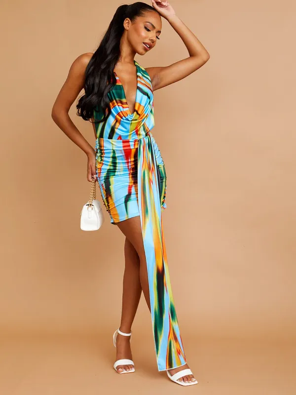Shelby Printed Halter Cowl Neck Ruched Dress With A Long Drape In Blue sold by Vivichi