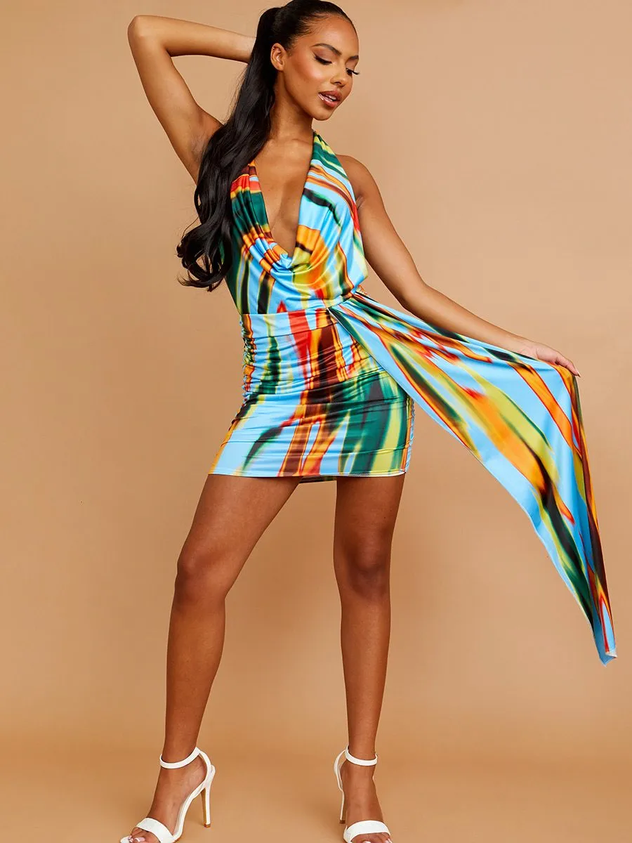 Shelby Printed Halter Cowl Neck Ruched Dress With A Long Drape In Blue sold by Vivichi product image thumbnail 3