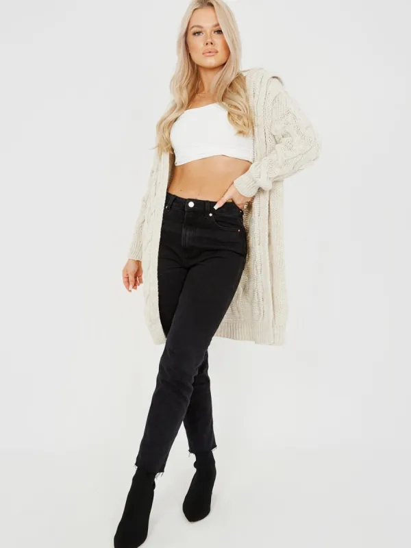 Melanie Cable Knit Detail Hooded Cardigan In Stone sold by Vivichi