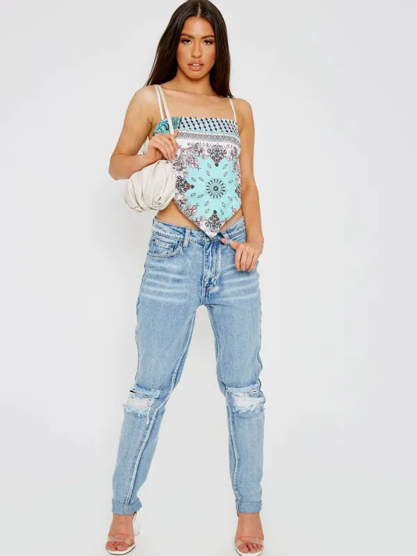 Joan Scarf Print Tie Knot Back Cami Crop Top In Mint sold by Vivichi