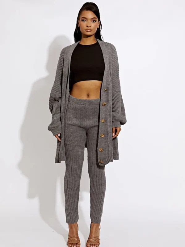 Alex Ribbed Knit Buttoned Cardigan & Legging Co-ord In Grey sold by Vivichi