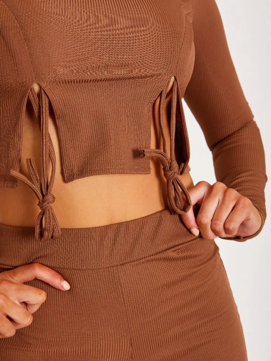 Jen Ribbed Ruched Slit Crop Top and Trouser Co-ord In Brown sold by Vivichi product image thumbnail 5
