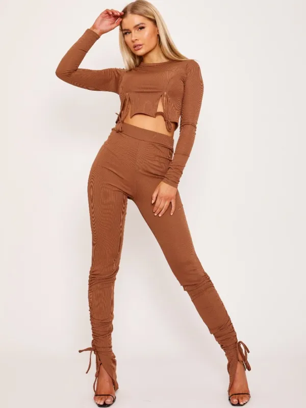 Jen Ribbed Ruched Slit Crop Top and Trouser Co-ord In Brown sold by Vivichi