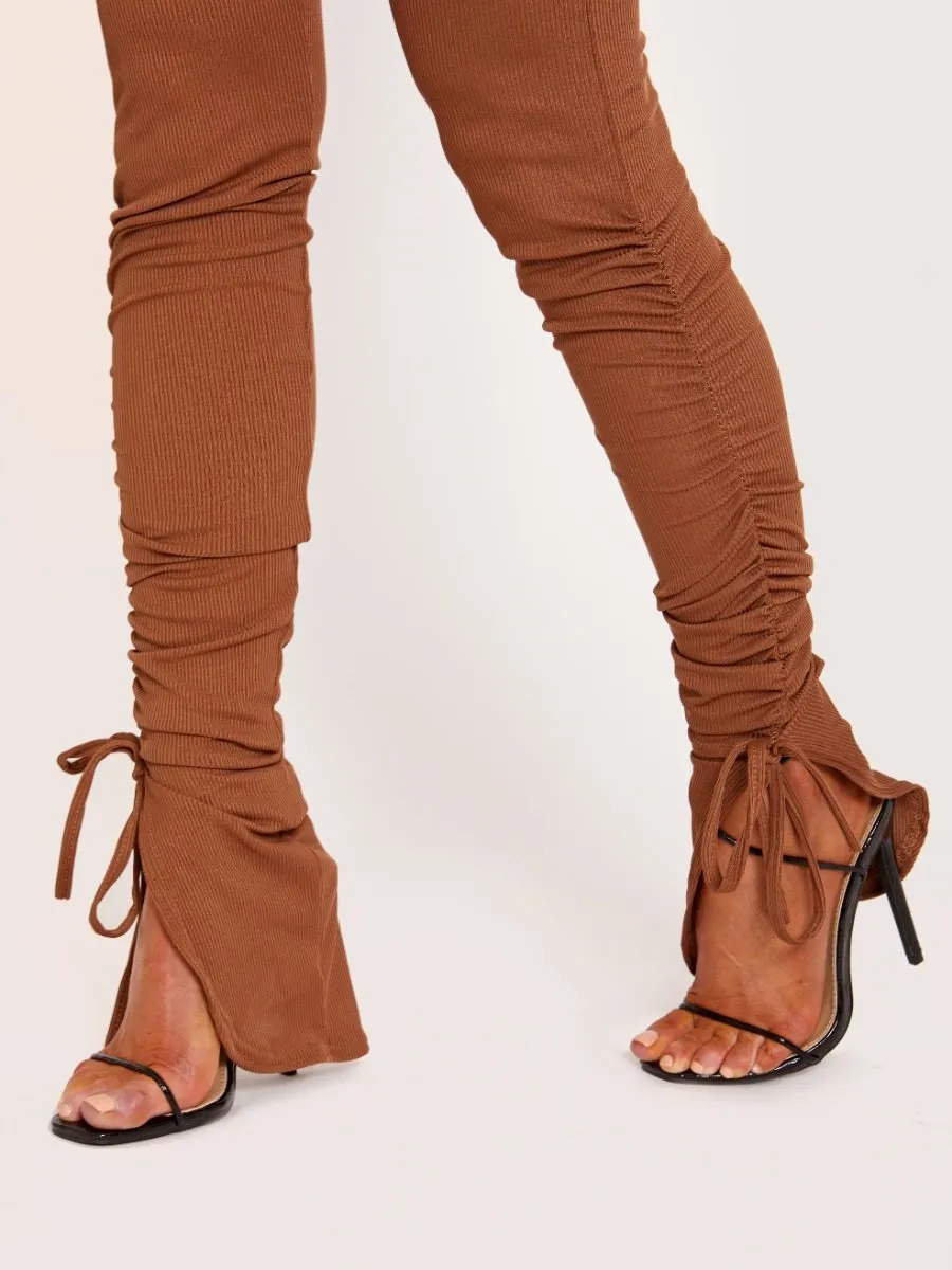 Jen Ribbed Ruched Slit Crop Top and Trouser Co-ord In Brown sold by Vivichi product image thumbnail 3
