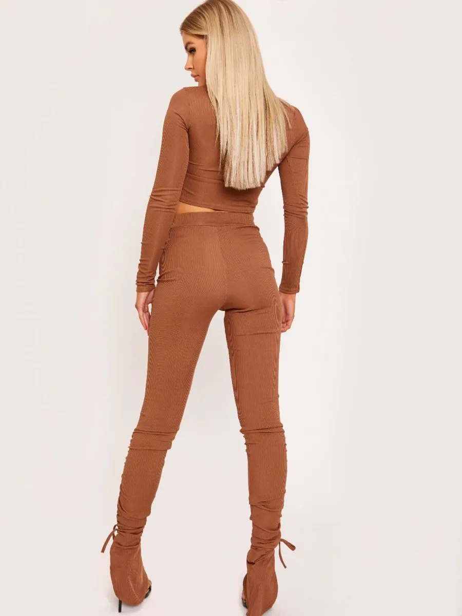 Jen Ribbed Ruched Slit Crop Top and Trouser Co-ord In Brown sold by Vivichi product image thumbnail 4