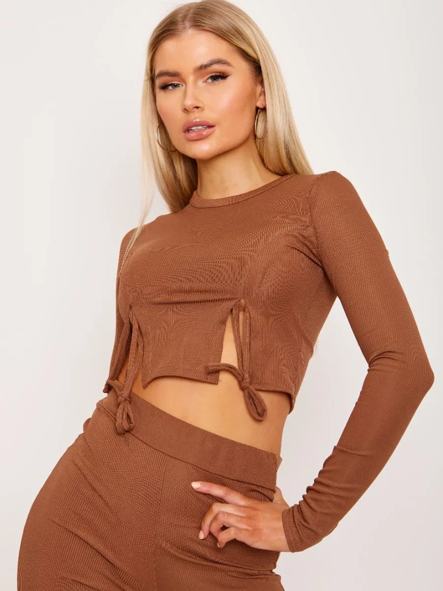 Jen Ribbed Ruched Slit Crop Top and Trouser Co-ord In Brown sold by Vivichi product image thumbnail 2