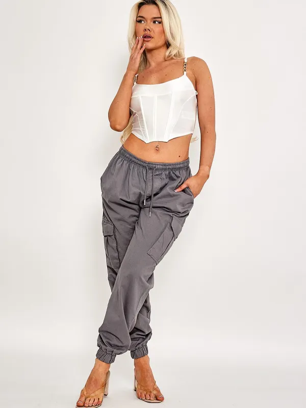 Bianka Twill Fabric Cargo Trousers In Grey sold by Vivichi