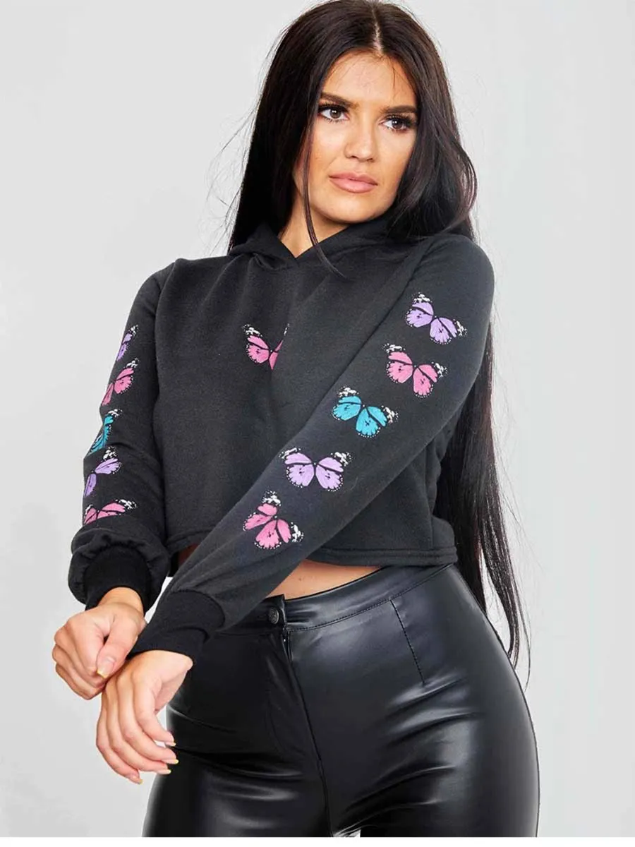 Paula Butterfly Graphic Print Cropped Hoodie In Black sold by Vivichi