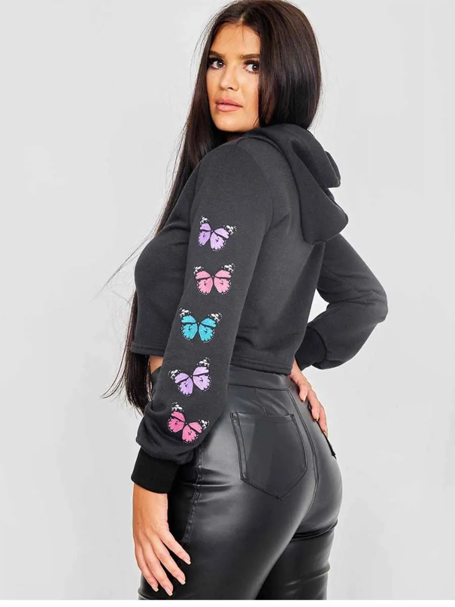 Paula Butterfly Graphic Print Cropped Hoodie In Black sold by Vivichi product image thumbnail 3