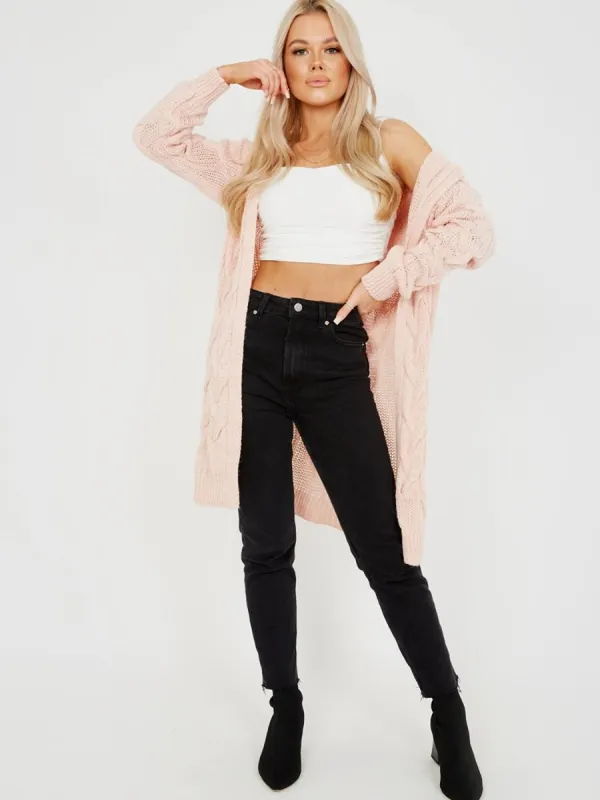 Melanie Cable Knit Detail Hooded Cardigan In Pink sold by Vivichi