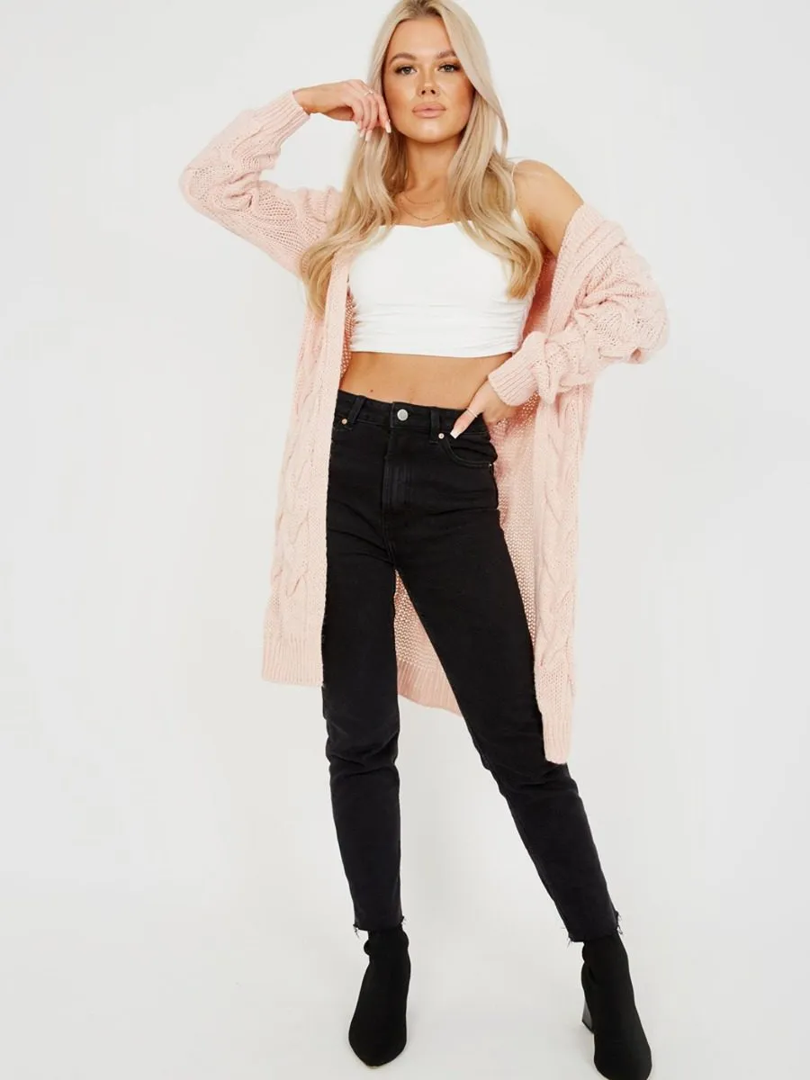 Melanie Cable Knit Detail Hooded Cardigan In Pink sold by Vivichi