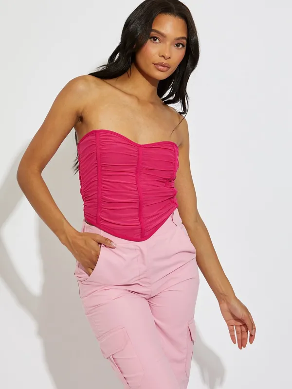 Layla Ruched Mesh Bandeau Corset Crop Top In Fuchsia sold by Vivichi