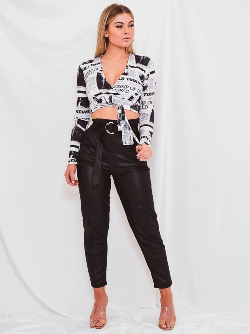 Myla Newspaper Print Tie Waist Crop Top In White sold by Vivichi product image thumbnail 5