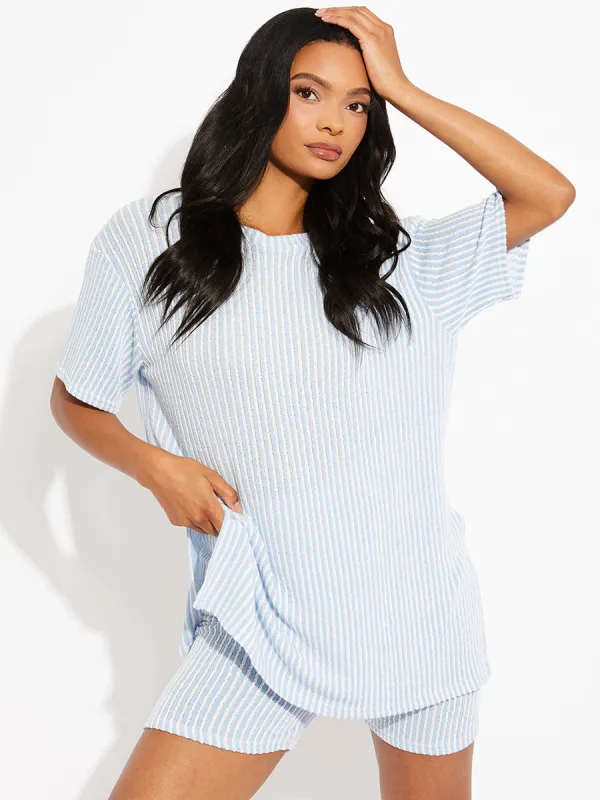 Nancy Woven Ribbed Oversized Top & Shorts Co-ord In Blue sold by Vivichi