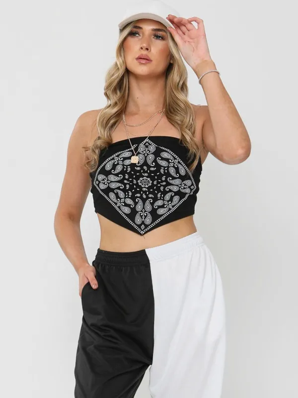 Lina Bandana Scarf Print Crop Top In Black sold by Vivichi