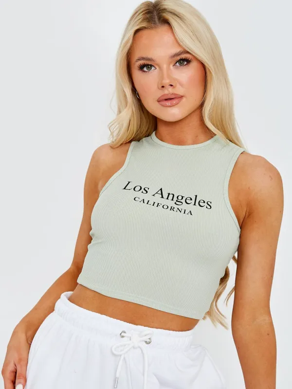 Yasmine Los Angeles Ribbed Vest Crop Top In Green sold by Vivichi