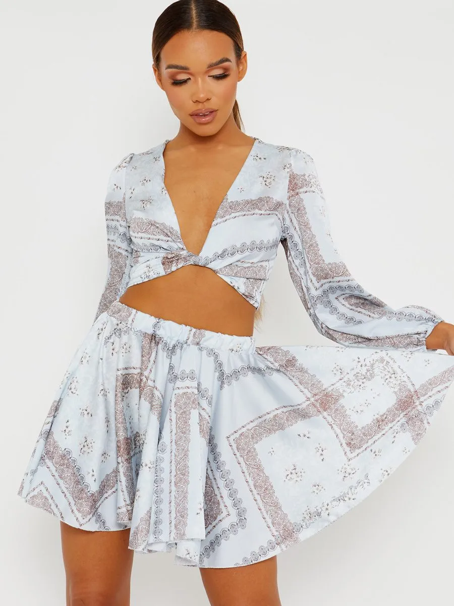 Helen Floral Print Satin Crop Top & Skirt Co-ord In Blue sold by Vivichi