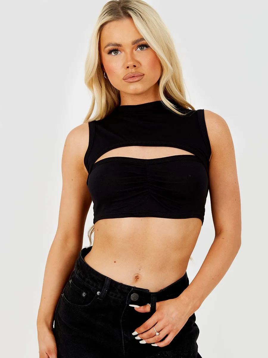 Jeny Cut Out Front Ruched Crop Top In Black sold by Vivichi