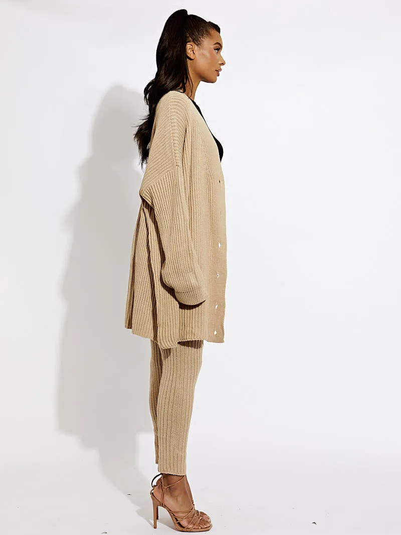 Alex Ribbed Knit Buttoned Cardigan & Legging Co-ord In Stone sold by Vivichi product image thumbnail 3